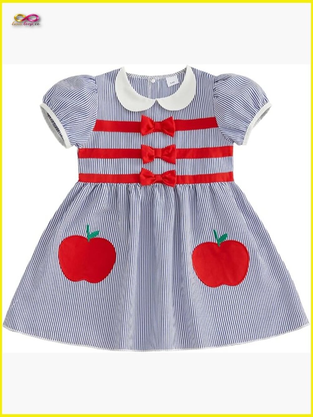 Toddler Girl Short Sleeve Doll Collar Striped A-Line Dress with Bows